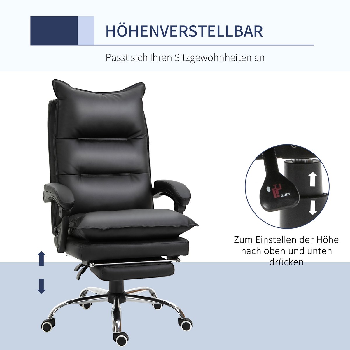 Bureaustoel: ergonomische bureaustoel met armleuningen, voetsteun, in hoogte verstelbare draaistoel van kunstleer, gestoffeerde computerstoel, zwart thumbnail 5