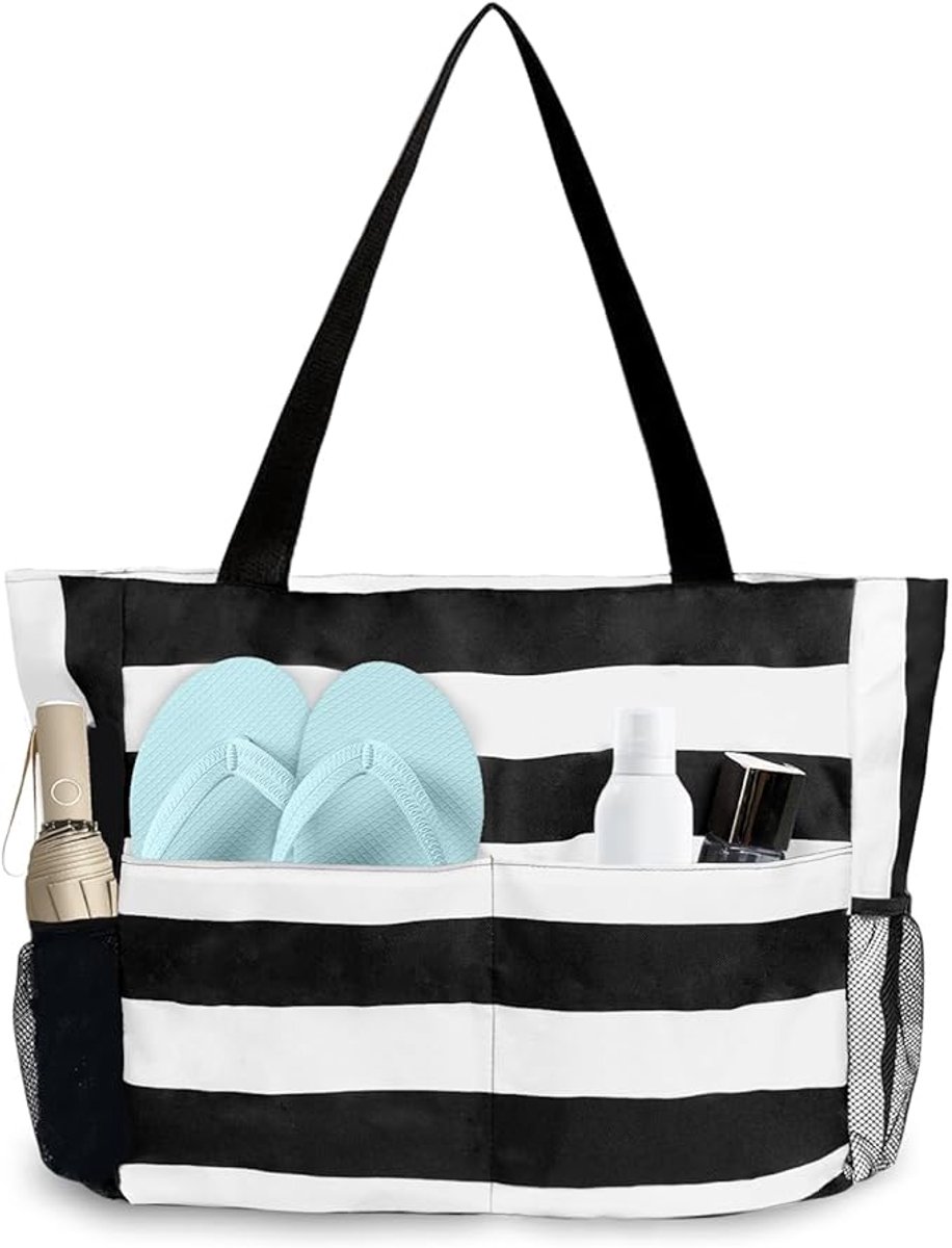 Extra grote, lichtgewicht strandtas, waterdichte strandtas met ritssluiting, opvouwbare schoudertas voor dames, herbruikbare boodschappentas, geschikt voor het strand, op reis, op vakantie en om te zwemmen