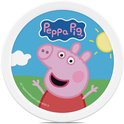 Boîte à fruits Peppa Pig avec Peppa qui sourit, bras ouverts sous un soleil et un nuage.