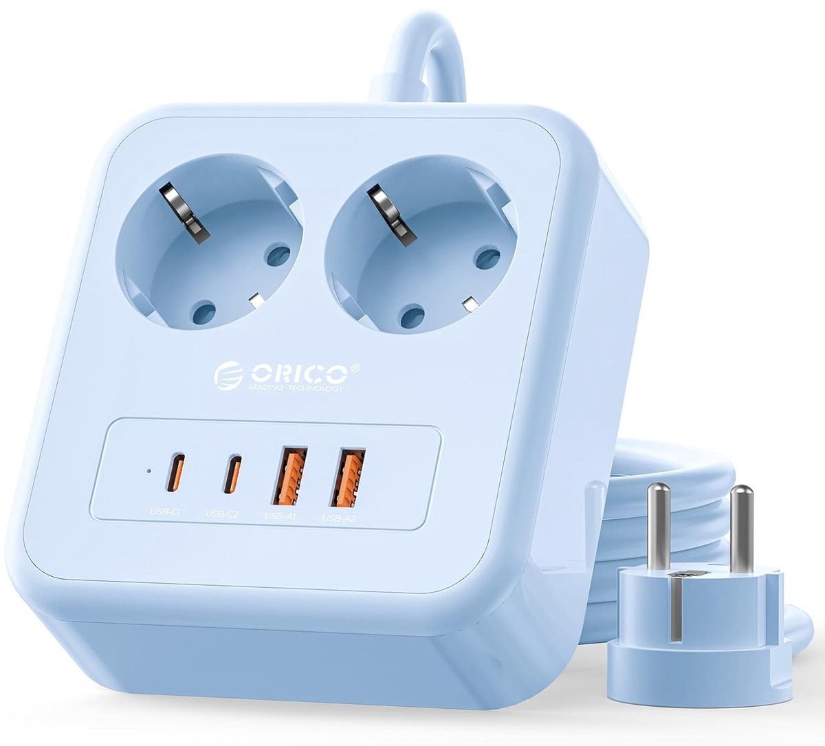 ORICO APD - stekkerdoos - 20W Snellader - 2x Stopcontacten, 2x USB-C & 2x USB-A - Platte stekker - 3 m kabel - Wandmontage-stekkerdoos met veiligheidsvergrendeling - Blauw