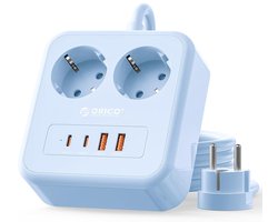 ORICO APD - stekkerdoos - 20W Snellader - 2x Stopcontacten, 2x USB-C & 2x USB-A - Platte stekker - 3 m kabel - Wandmontage-stekkerdoos met veiligheidsvergrendeling - Blauw