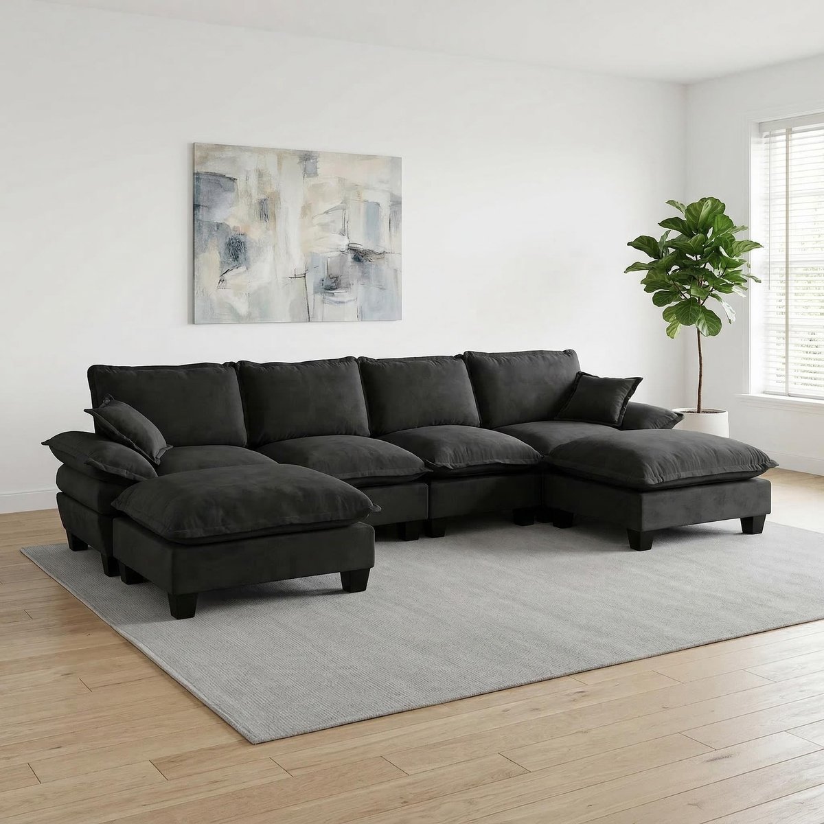 Modulair U-vormig Cloud-Couch - 6 Zitplaatsen Sofa Gezinsvriendelijk - 332x151x90 cm, Zwart