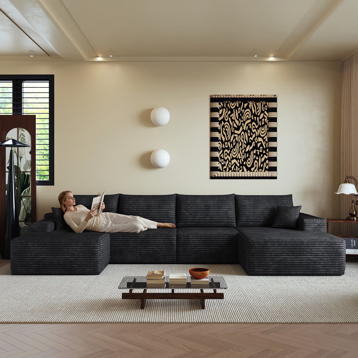Modulaire Hoekbank 5-Zits - Framevrije Lounge Bank Met Chaise Longue, Ribstof Diepe Zit Sofa, Zwart
