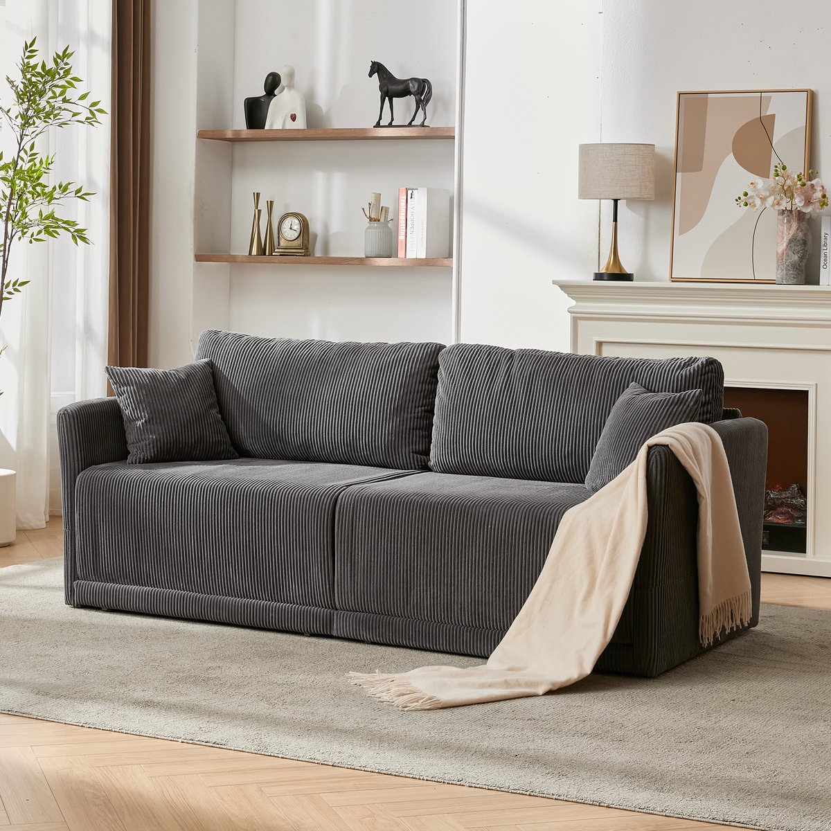 Slaapbank 2 Zits - Moderne Corduroy Sofa Bed Met Verstelbare Rugleuning - Comfortabele Uitklapbare Bank Voor Woonkamer, Kantoor En Appartement - Grijze Slaapsofa