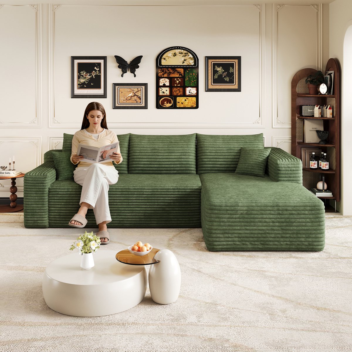 Hoekbank - 3 Zits Cloud Sofa Ribstof - Moderne L Vormige Lounge Bank Met Diepe Zit - Comfortabele Bank Zonder Montage - Zachte Velvet Look Sofa Voor Woonkamer Slaapkamer Appartement - Groen