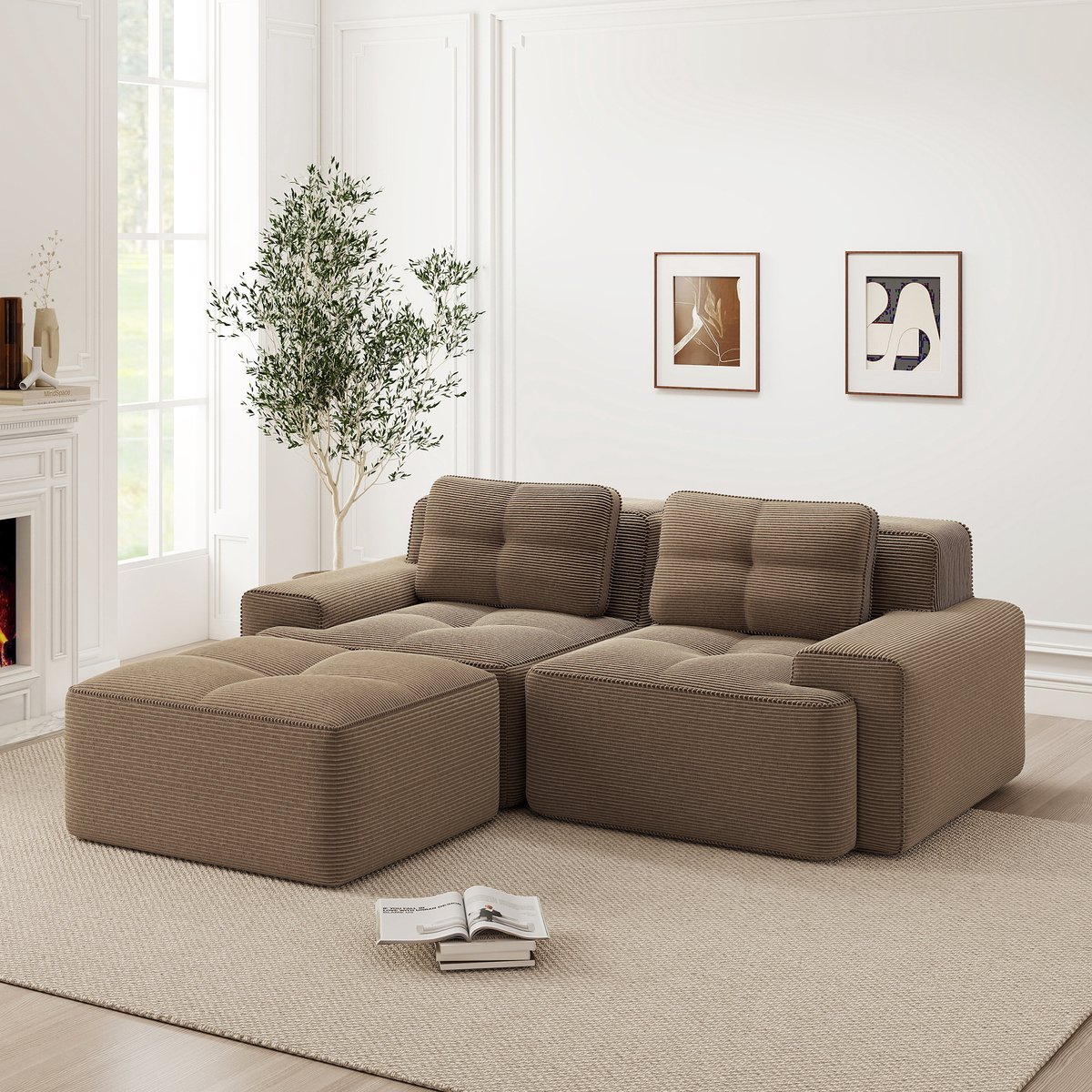 Modulaire Hoekbank - Ribstof Cloud Sofa 2-Zits Met Voetenbank - Frameloze Loungebank Met Diepe Zit En Brede Armleuningen - Zachte Bank Zonder Montage Voor Woonkamer - Bruin