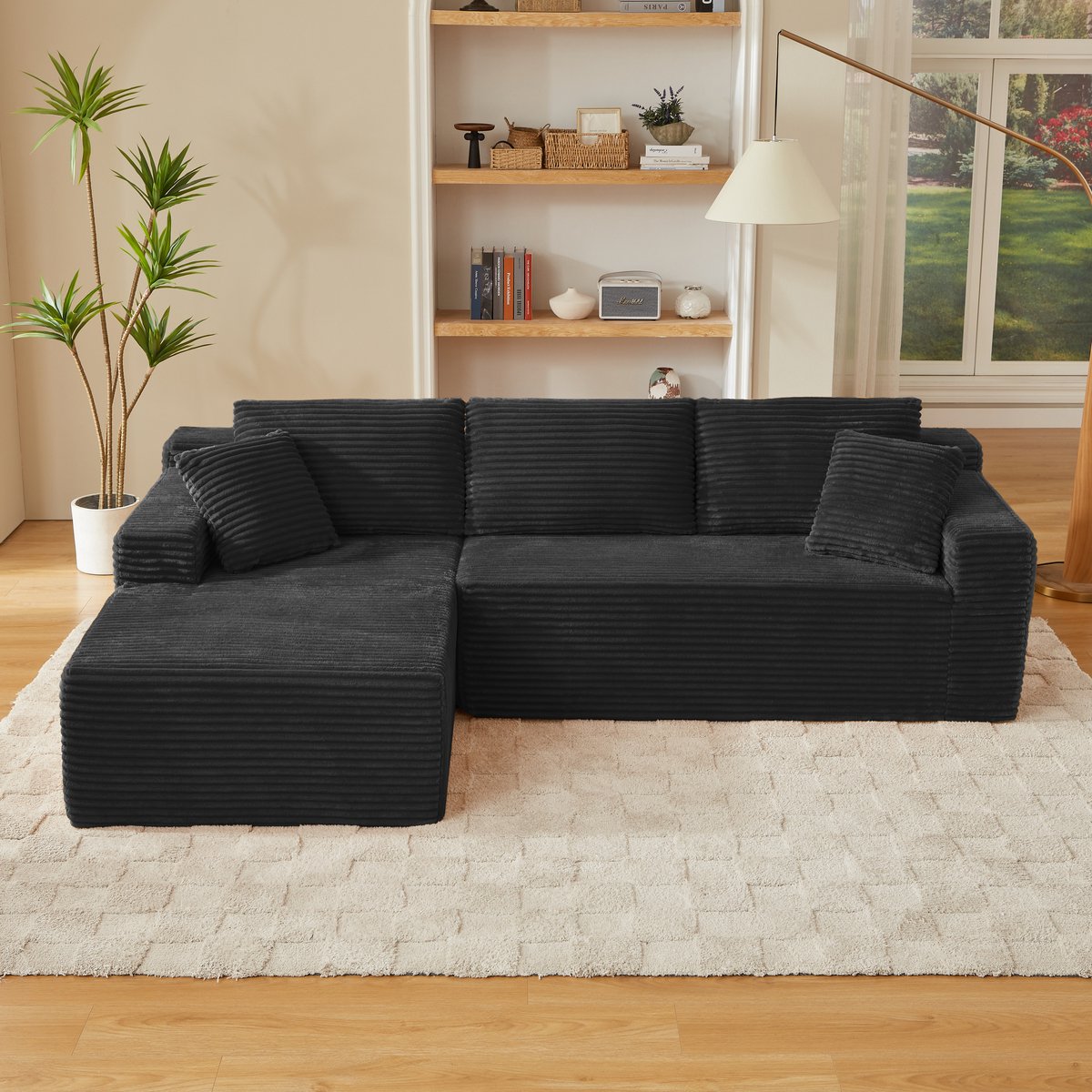 L-Vormige Bank 4-Zits - Moderne Modulaire Sofa Met Liggedeelte - Comfortabele Cloud Sofa Met Schuimvulling - Woonkamerbank Voor Appartement - Zwart