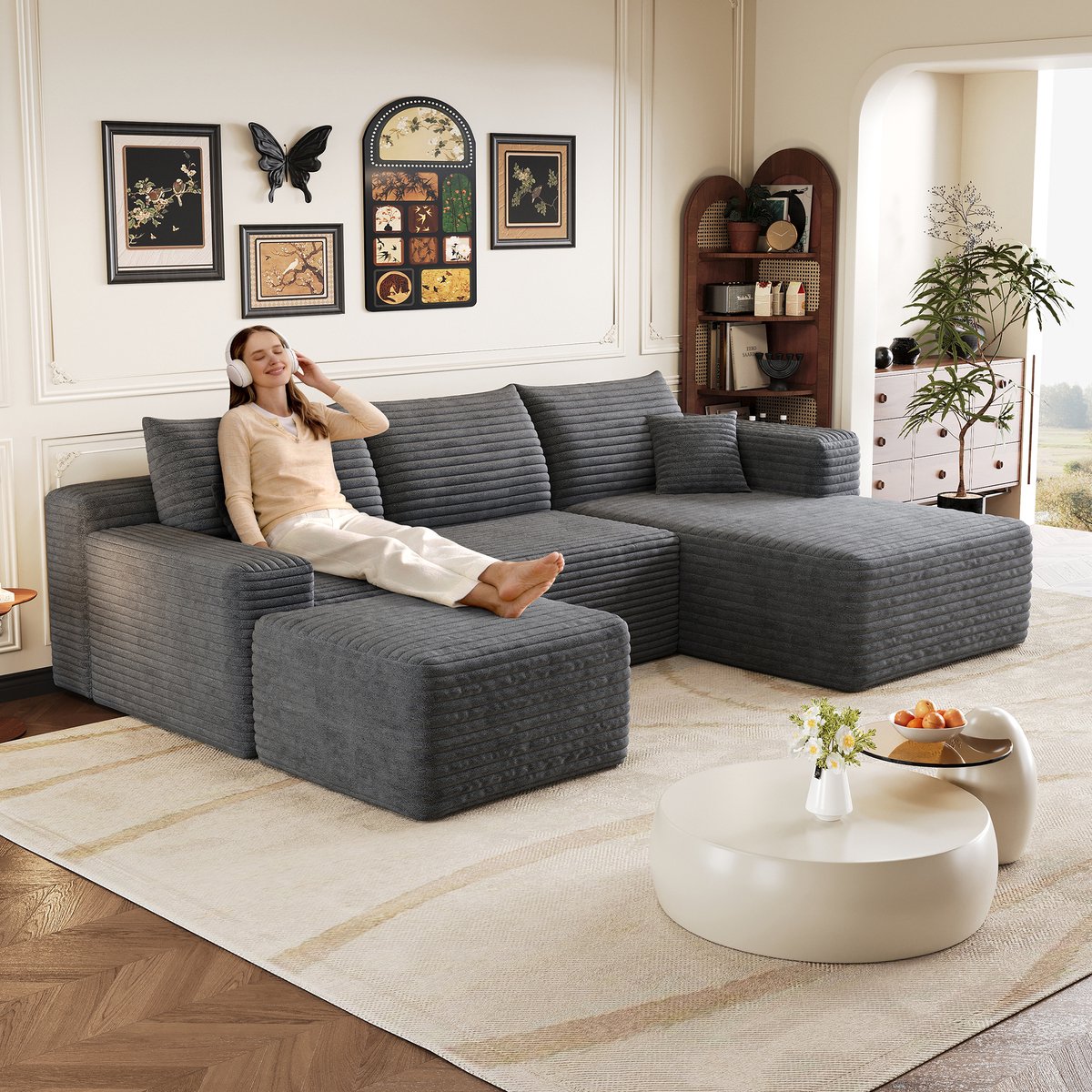 Modulaire Hoekbank - 4-Zits Corduroy Cloud Sofa 241 cm Met Diepe Zit - L-Vorm Lounge Bank Zonder Montage - Zachte Chenille Look Bank Voor Woonkamer Appartement Slaapkamer - Donkergrijs