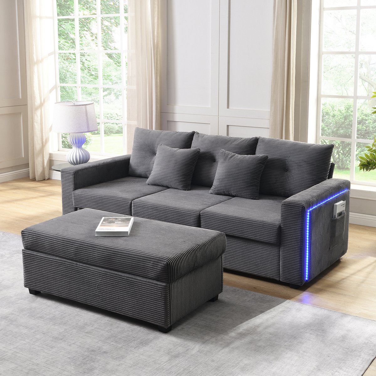 3-Zits L-Form Sofa Set met Ottoman - 184x84.5x85.5 cm, Antiekgrijs