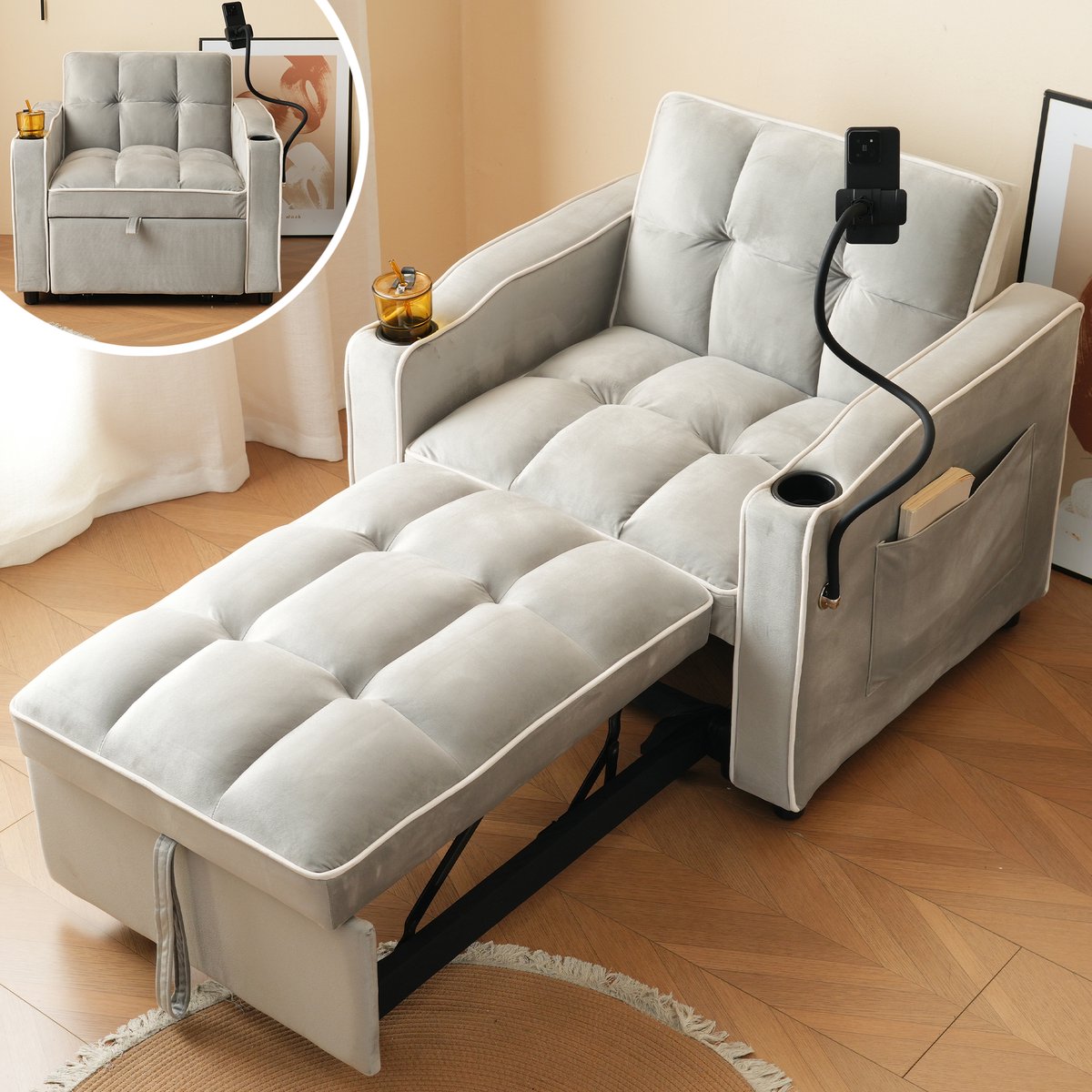 Slaapstoel - 3-in-1 Verstelbare Fauteuil Met Slaapfunctie - 1-Zits Velvet Sofa Bed Met Bekerhouder En Telefoonhouder - Compacte Relaxstoel Voor Woonkamer Appartement Grijs