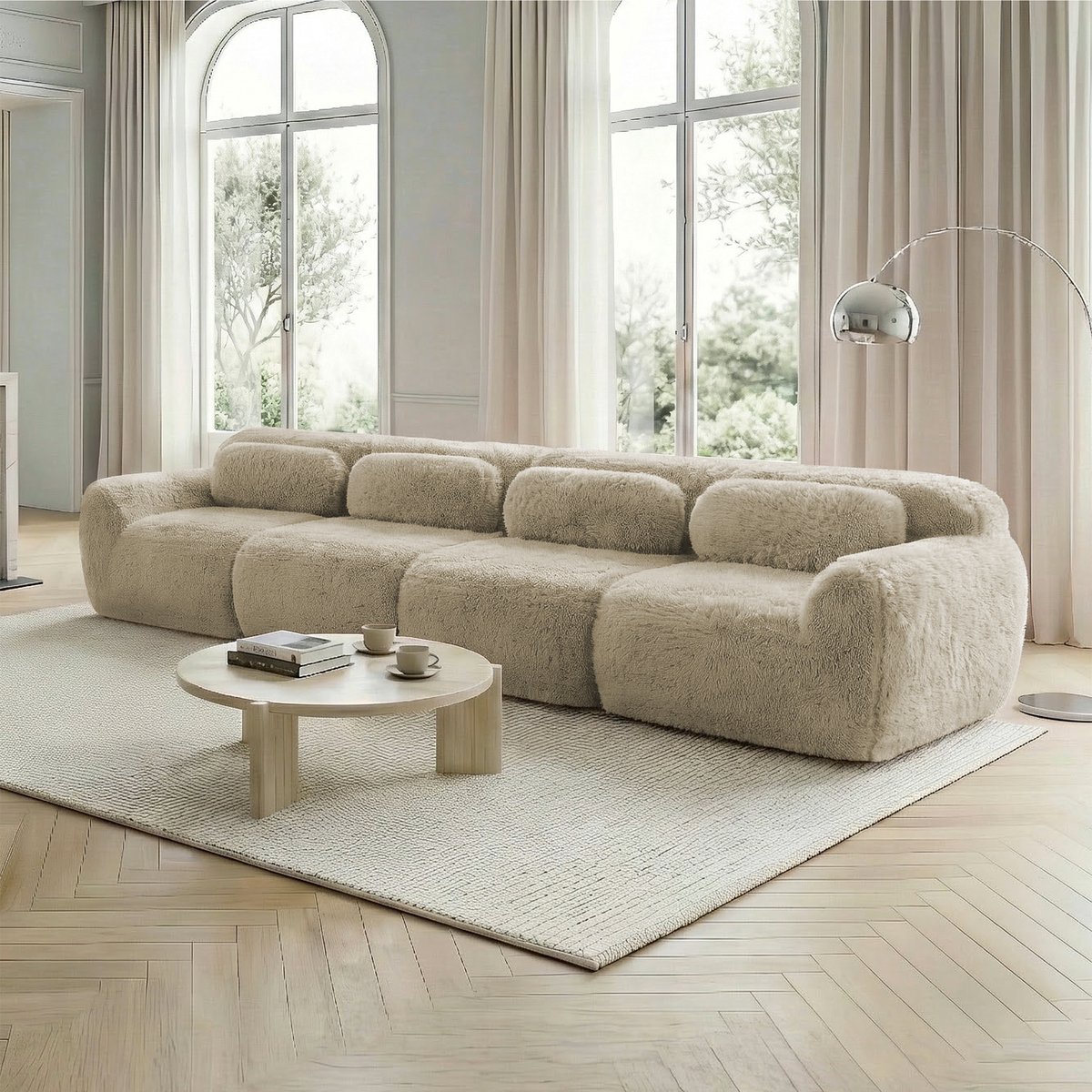 Licht Khaki Plüschstoff Sofa - Perfect voor Woon- en Slaapkamers - 378x104x73 cm, Licht kaki