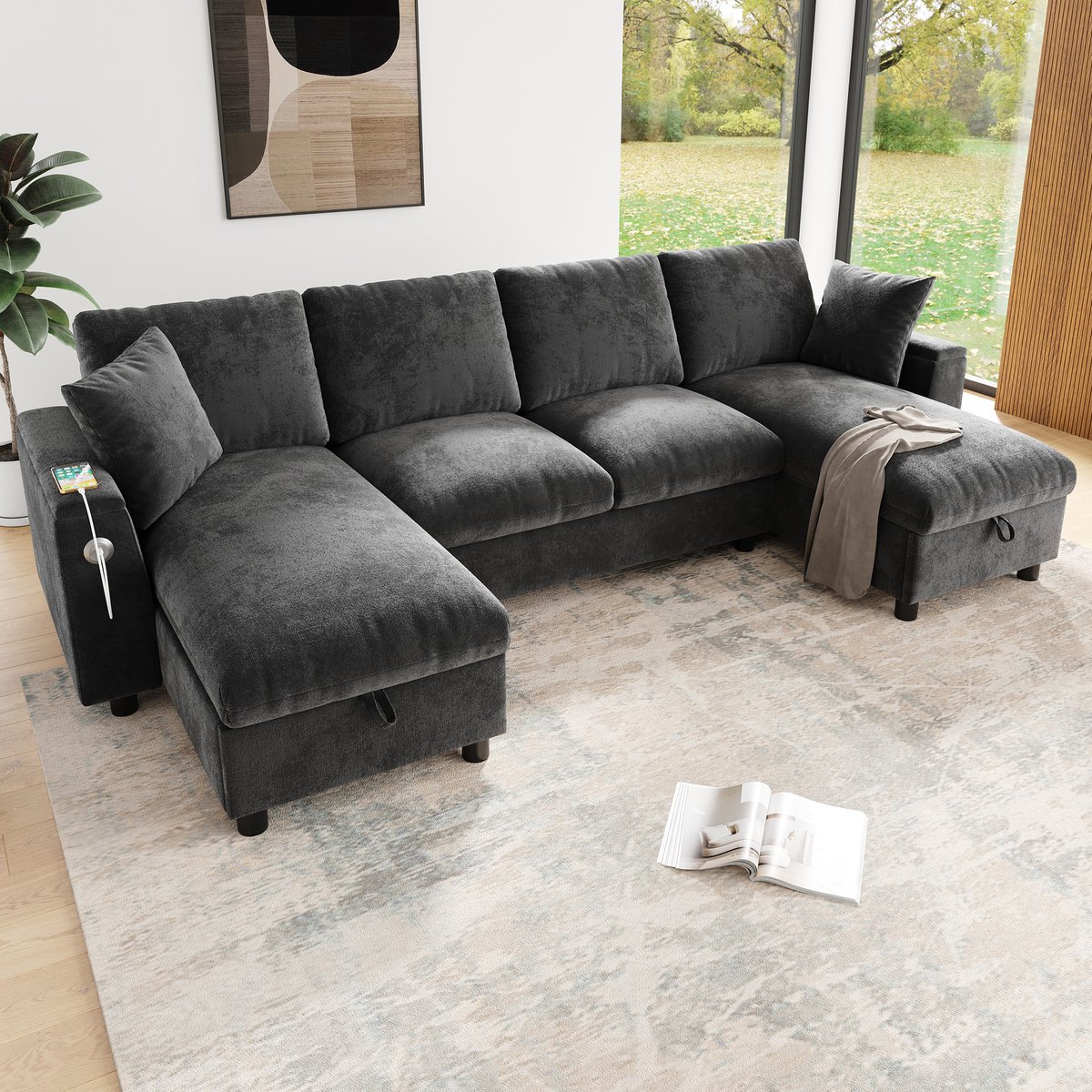 U Vormige Hoekbank - Moderne Chenille Bank 4 Zitplaatsen - Lounge Sofa Met Opbergfunctie In Chaise Longue, USB Poort En Type-C Oplader - Comfortabele Woonkamerbank - Grijs