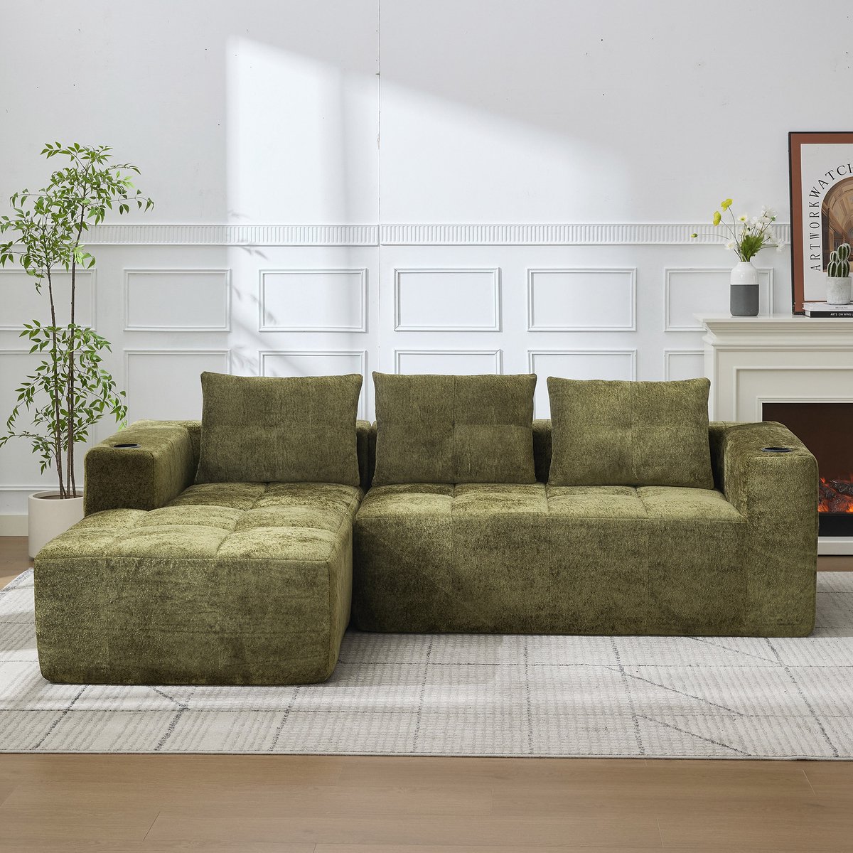 L-Vormige Hoekbank - 3-Zits Bank 258 Cm - Met Chaise Longue - Zachte Chenille - Diepe Zit - Groen