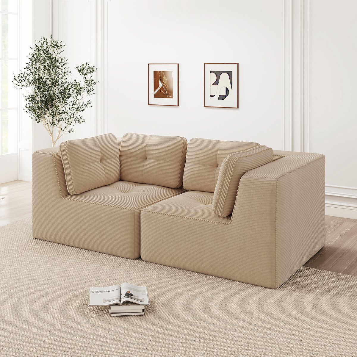 Corduroy Corner Sofa 2-Seater - Modern Design Met Comfortabele Sitzgefühl - 208x104x69 cm, Beige
