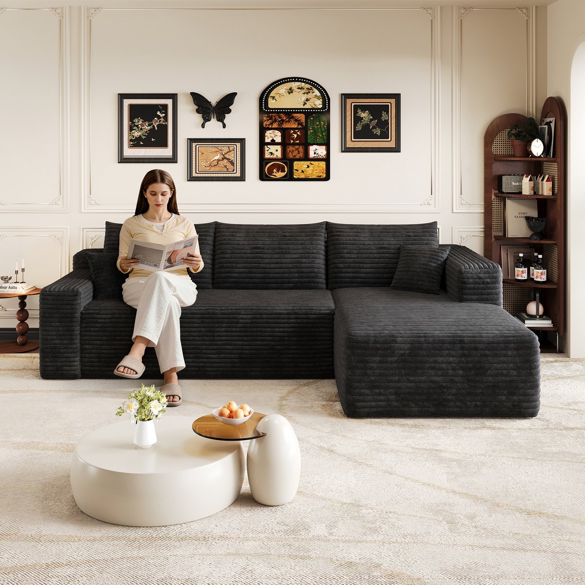 L-Vormige Hoekbank 3-Zits - Zachte Ribstof Cloud Sofa Met Diepe Zit, Moderne Lounge Bank, Zwart