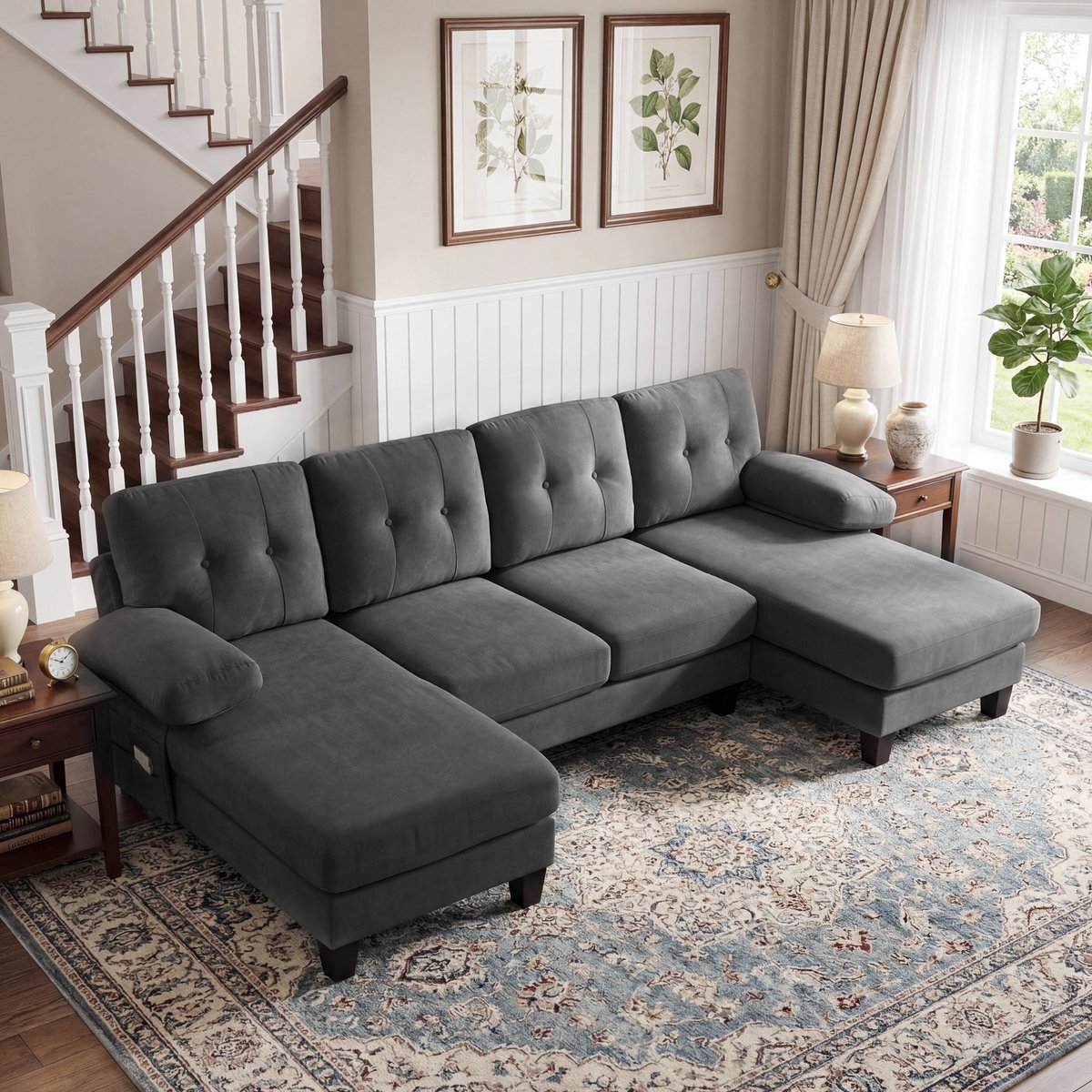 4-zits U-vormige bank met stoel-longue, modern gestoffeerde bank voor slaap en ontspanning - 242x128x84 cm, Grijs