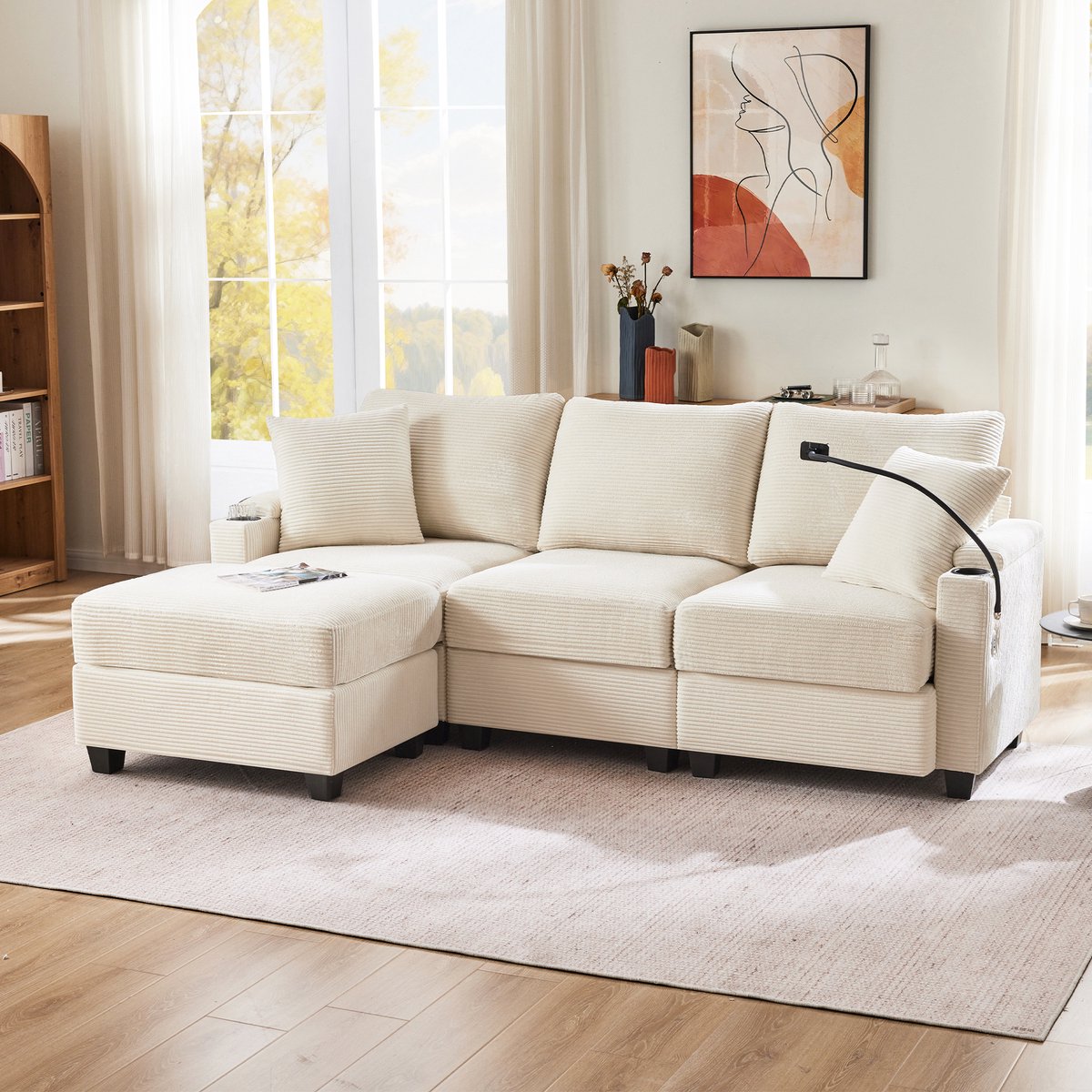 L-vormige hoekbank 3 zitter met voetenbank en opbergvakken - Corduroy Bank Met USB-laden en... - 213.5x139x87 cm, Beige