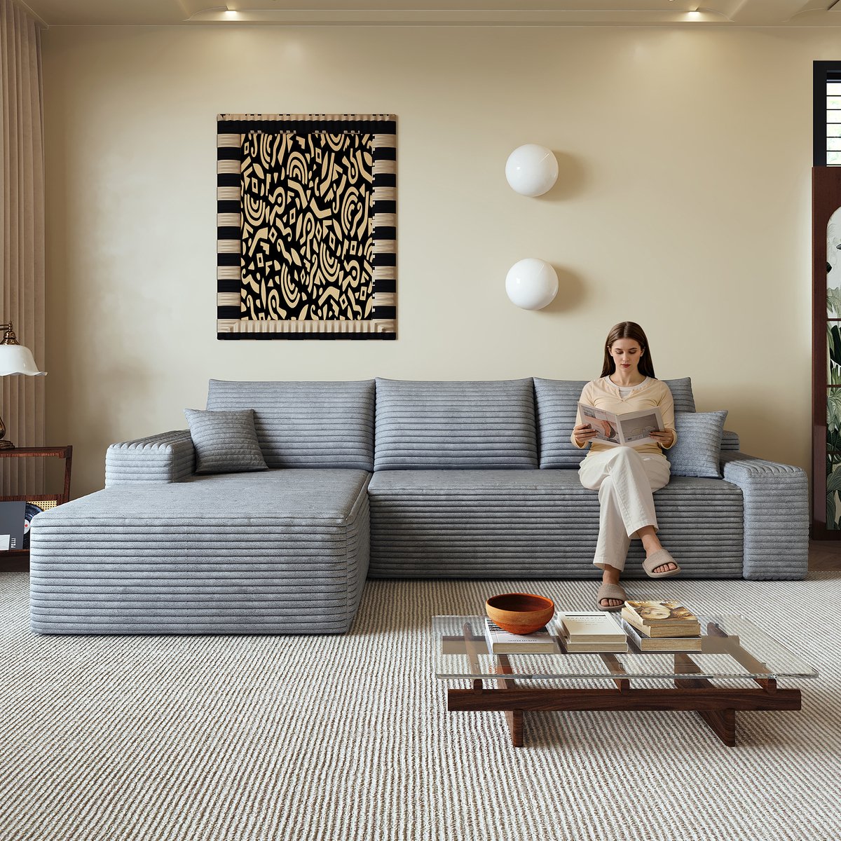 Modulaire Hoekbank - 3 Zits Cloud Sofa Ribstof - L Vorm Lounge Bank Met Chaise Longue - Diepe Zitbank Zonder Montage - Compressie Sofa Voor Woonkamer Grijs