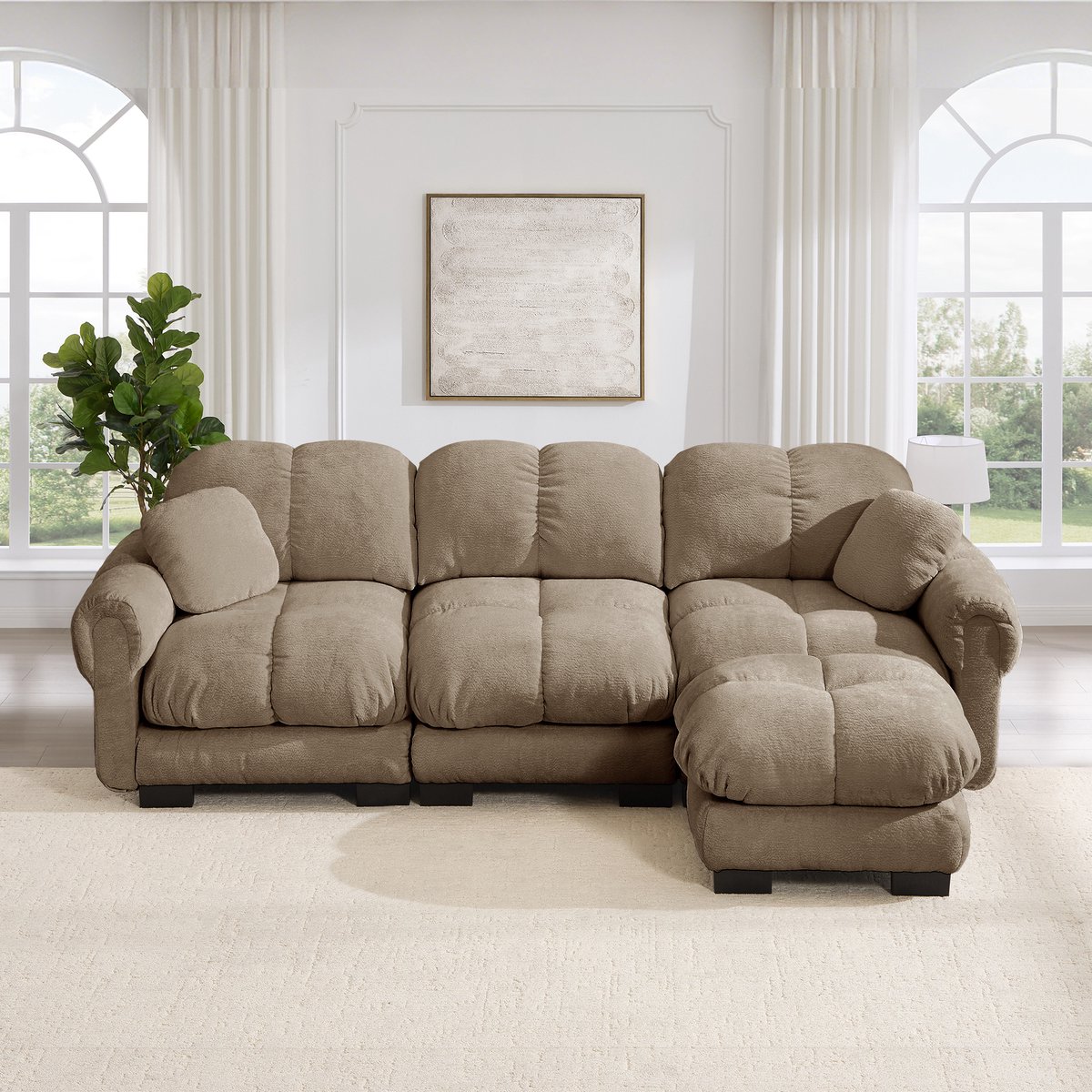 3-Persoons L-vormige Cloud Sofa met Mobiele Poef en Dekkussens - Chenille Stof - 260x149x90 cm, Bruin