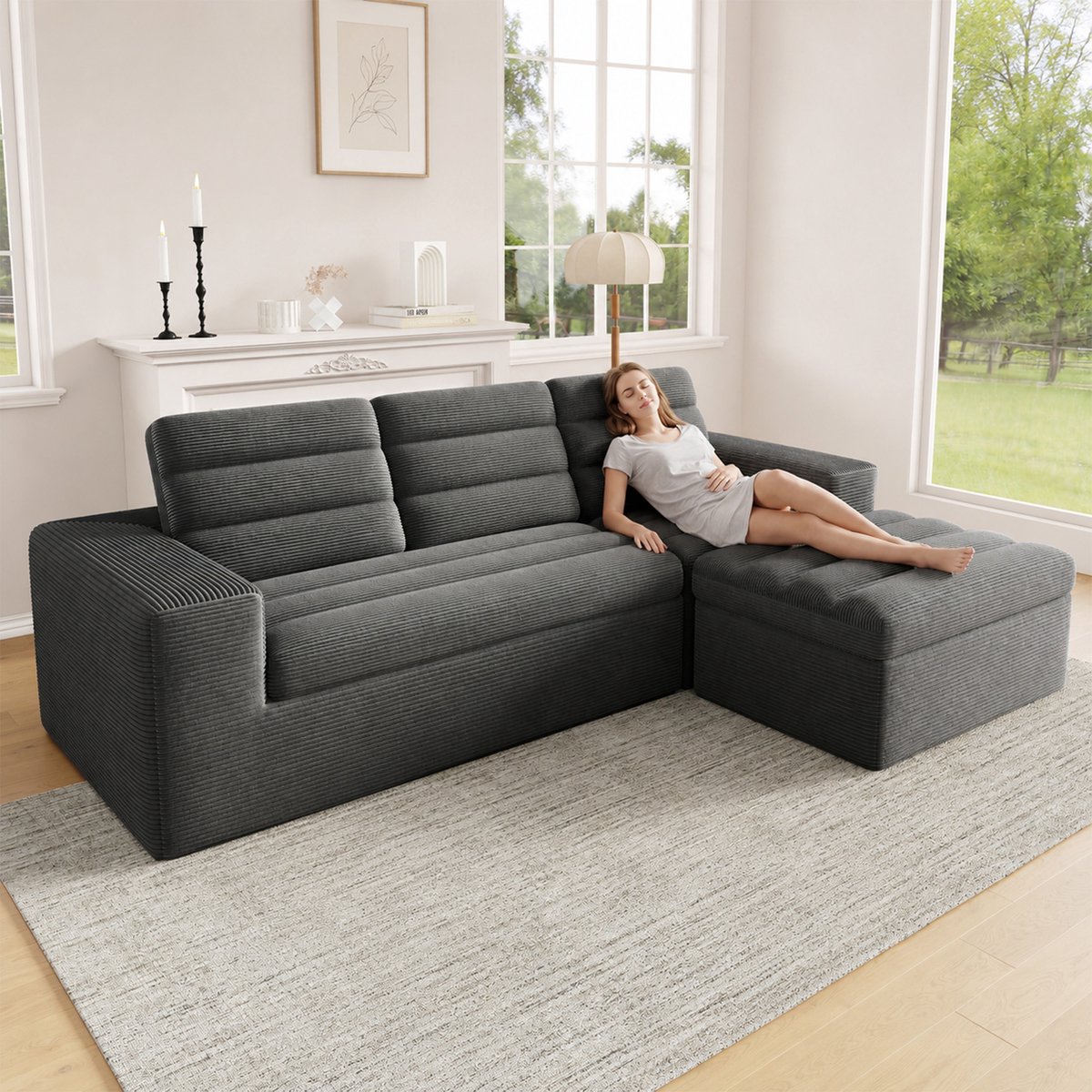 Modulaire Hoekbank - 4-Zits Cloud Sofa Ribstof L-vorm Lounge Bank Zonder Montage Donkergrijs