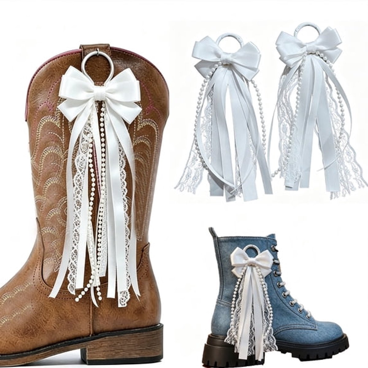 Ulisem - Laarsversiering - 2 stuks cowboy laars strik met kant en parel kwastjes - Wit - 15x7 cm groot - Lichtgewicht en stevig - Eenvoudig te bevestigen met clip - Voor bruiloft en festival - Ook voor western feest en dagelijks gebruik