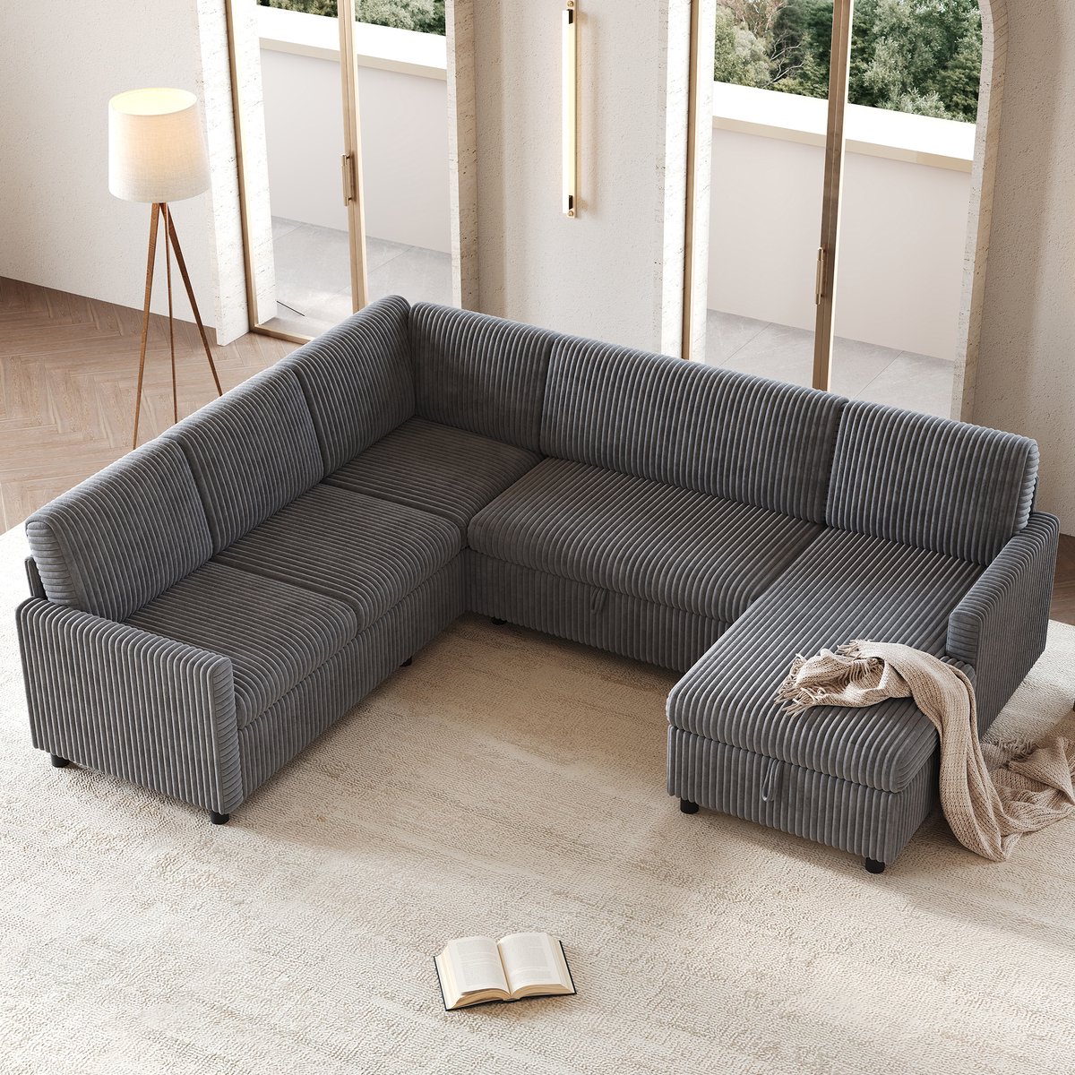 VVBV Slaapbank 274x220x85 cm - U-Vorm, Slaapfunctie, Opbergruimte, Ruimtebesparend - Grijs, Ribfluweel