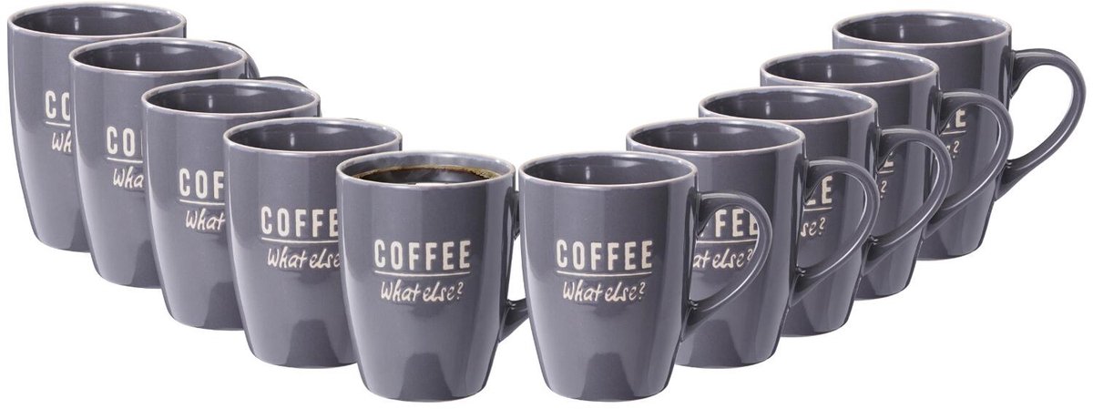 Siaki koffie kopjes Barista Cafe - 10x stuks - grijs - 340 ml - mokken - keramiek - 10 cm - met koffie thema teksten