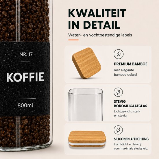 Glazen pot met koffiebonen en een bamboe deksel met de tekst 'Koffie 800ml'.