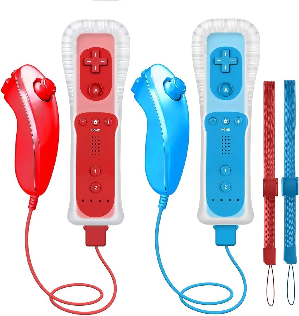 (2 sets, 8 stuks, rood + blauw) vervangende afstandsbedieningsset voor Nintendo Wii/Wii U-consoles met Motion Plus, 2 stuks (afstandsbedieningen + analoge joysticks + siliconen hoes +