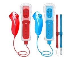 (2 sets, 8 stuks, rood + blauw) vervangende afstandsbedieningsset voor Nintendo Wii/Wii U-consoles met Motion Plus, 2 stuks (afstandsbedieningen + analoge joysticks + siliconen hoes +
