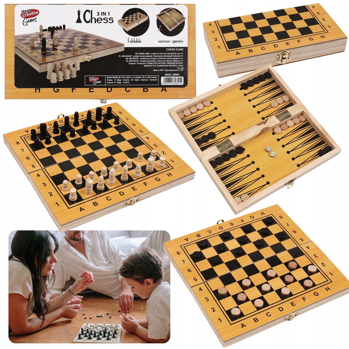 Houten 3-in-1 Spel: Schaken, Dammen & Backgammon