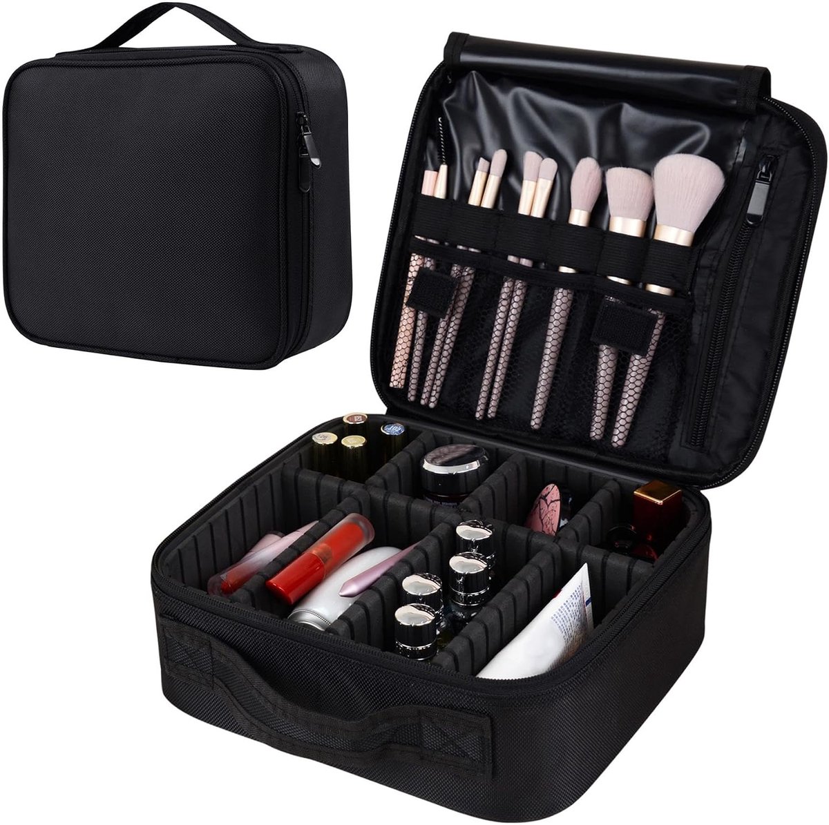 Igadgitz home U7282 Reismake-uptas, reismake-uptas, draagbare cosmeticakoffer, make-upkoffer met verstelbare verdelers en handvat - zwart
