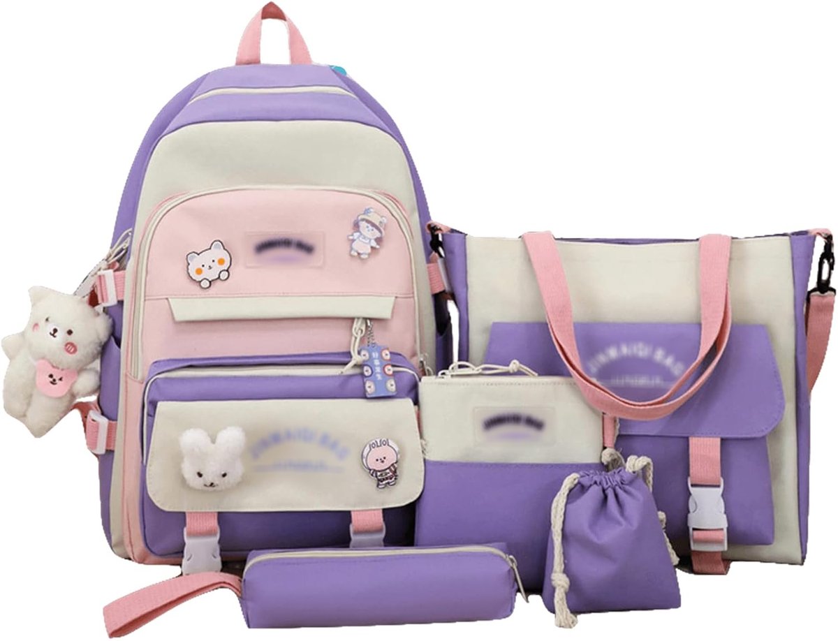 Schooltas - Rugzakset - 5 Delig - met Lunchtas, Pennenzak en Handtas - voor Tienermeisjes - Paars