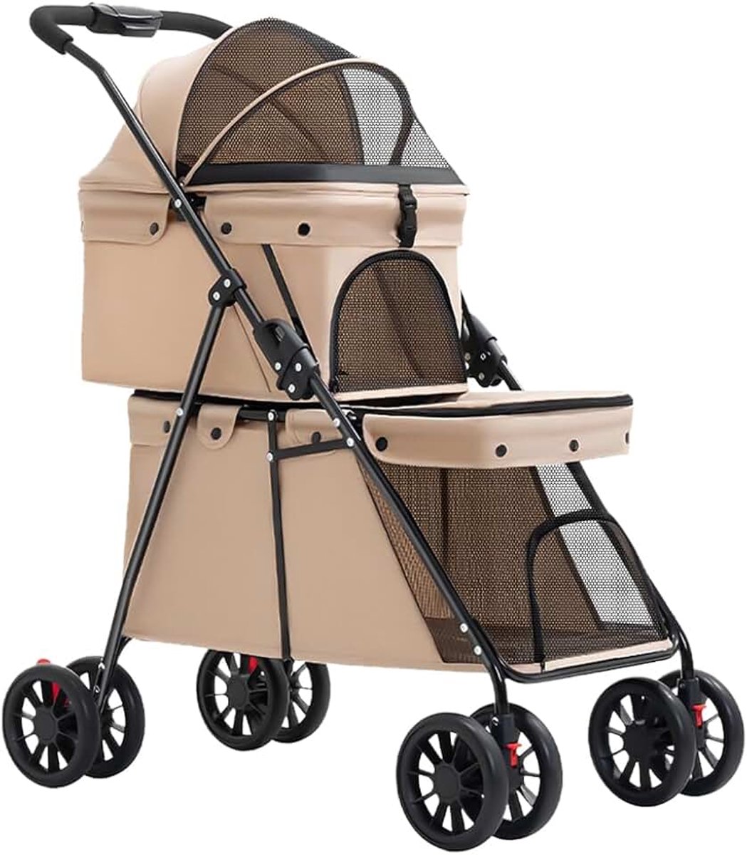 3-in-1 kinderwagen, opvouwbaar, 2 niveaus, honden en katten, 2 vakken, netvenster, wielen met remmen, afneembaar kussen, reiswagen voor honden en katten, 67 x 50 x 95 cm, melkkoffie