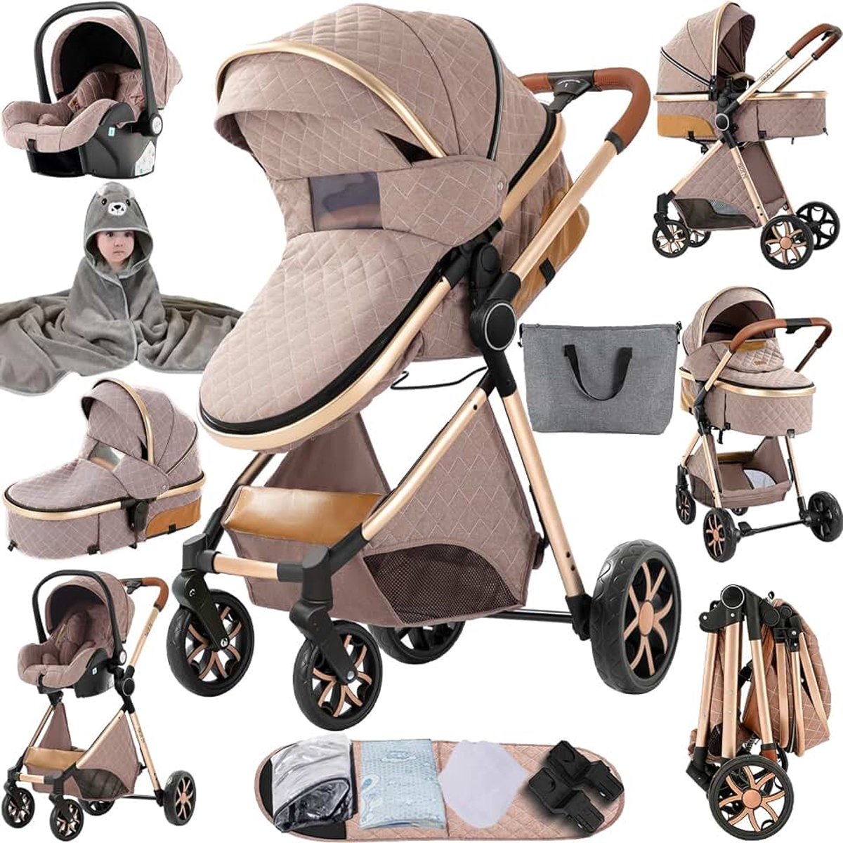 Kinderwagen, 3-in-1, kinderwagen met omkeerbare dubbele duwmodus, buggy met grote comfortabele babykuip, combi-kinderwagen 3-in-1 frame van aluminiumlegering, opvouwbaar, hoog landschap (225 kaki