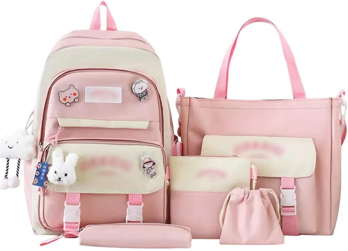 Schooltas - Rugzakset - 5 Delig - met Lunchtas, Pennenzak en Handtas - voor Tienermeisjes - Roze