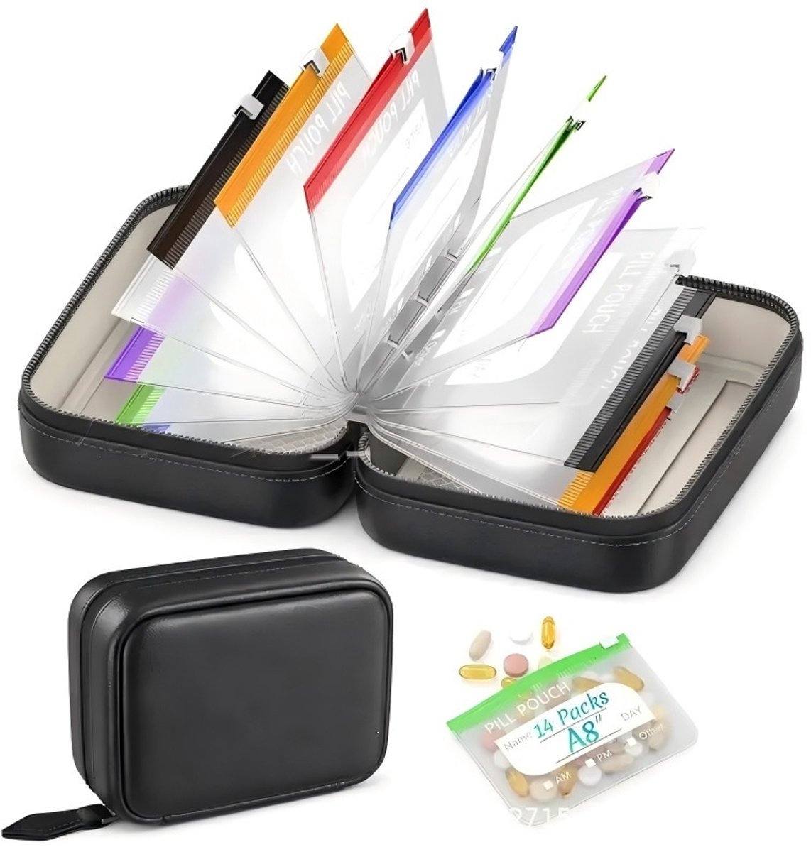 Waterdicht opbergetui – Waterdichte pillendoos – 14 vakjes – Geschikt voor supplementen, vitaminen en gebruik buitenshuis – Zwart