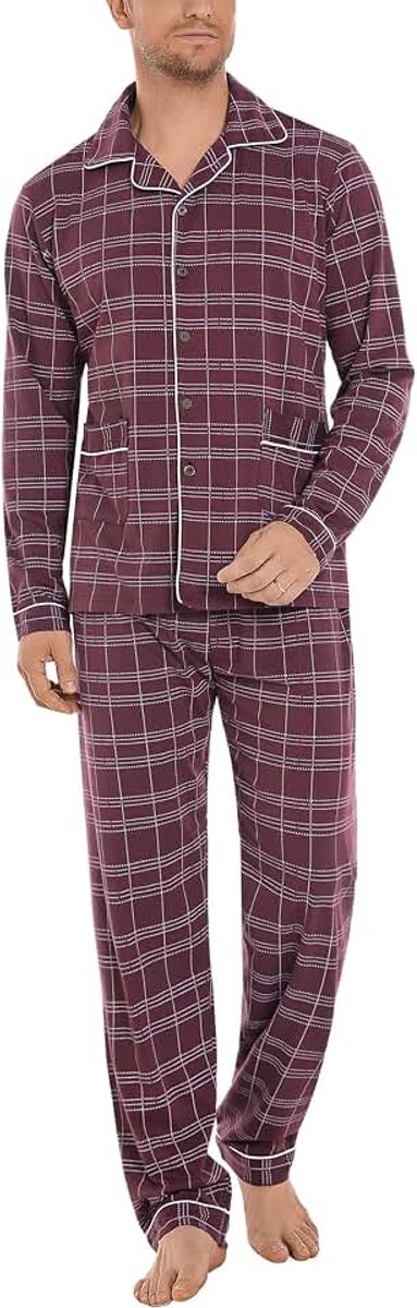 IClosam Pyjama voor heren, winter, katoen, 2-delige pyjama-set voor heren, warm, geruit, klassiek overhemd, lange mouwen, comfortabele pyjamabroek