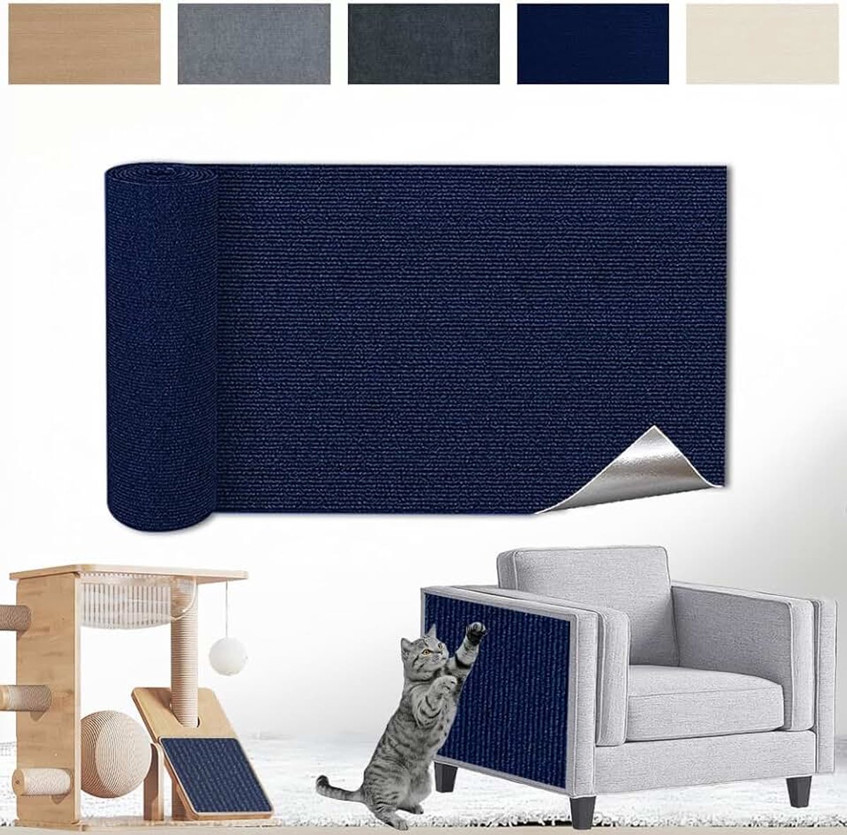 Krasmat voor katten, zelfklevend, krasbescherming voor bank, anti-krasfolie, kraswand voor katten, vrij, doe-het-zelf, gesneden, 30 x 100 cm, blauw