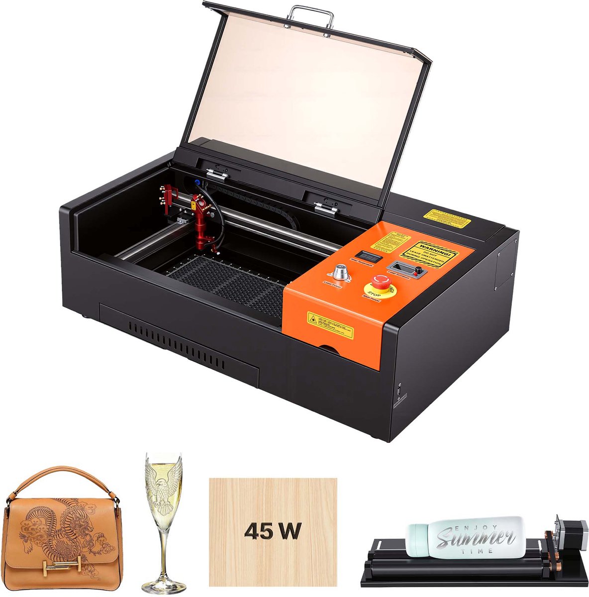 CO2-Lasergraveermachine 45W, 300x200 mm, Compacte Tafelmodel Lasergraveermachine met Roterende As, Luchtondersteuning, Compatibel met Lightburn, Coreldraw en Grbl, Geschikt Voor Hout, Acryl en Glas