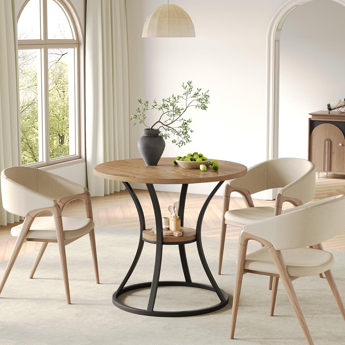 Tribesigns Ronde Eettafel - Keukentafel met Opbergruimte en Metalen Onderstel - 80 x 80 x 75 cm - Eetkamertafel Voor 4 Personen - Lichtbruin