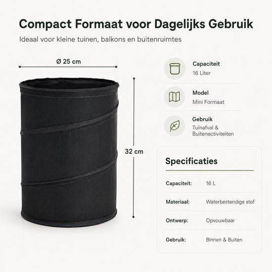Opvouwbare Tuinafvalzak 16L - Opvouwbare Bladenzak - Zelfstaande Tuinzak - Voor Bladeren, Groenafval & Camping - Ø25 x 32 cm - Zwart — afbeelding 3