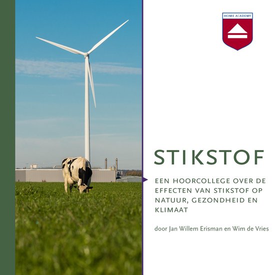 Eenhoor college over de effecten van stikstof op natuur, gezondheid en klimaat met een windmolen en koe op de achtergrond.