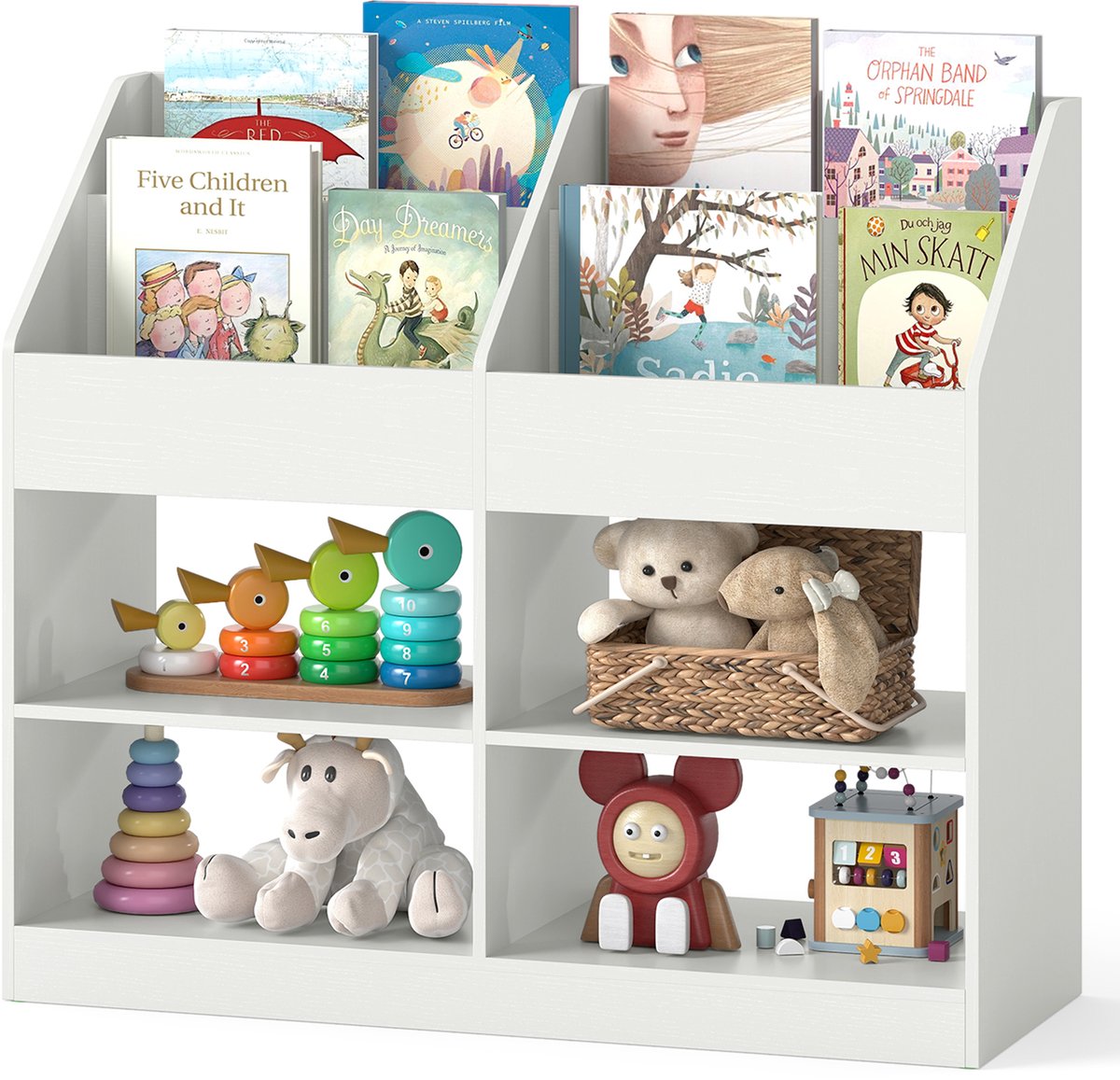 COSTWAY Kinderboekenrek, kinderplank met 4 legplanken & 4 open vakken, Montessori kinderboekenrek, speelgoed organizer voor de kinderkamer, 90 x 34 x 80 cm (Wit)