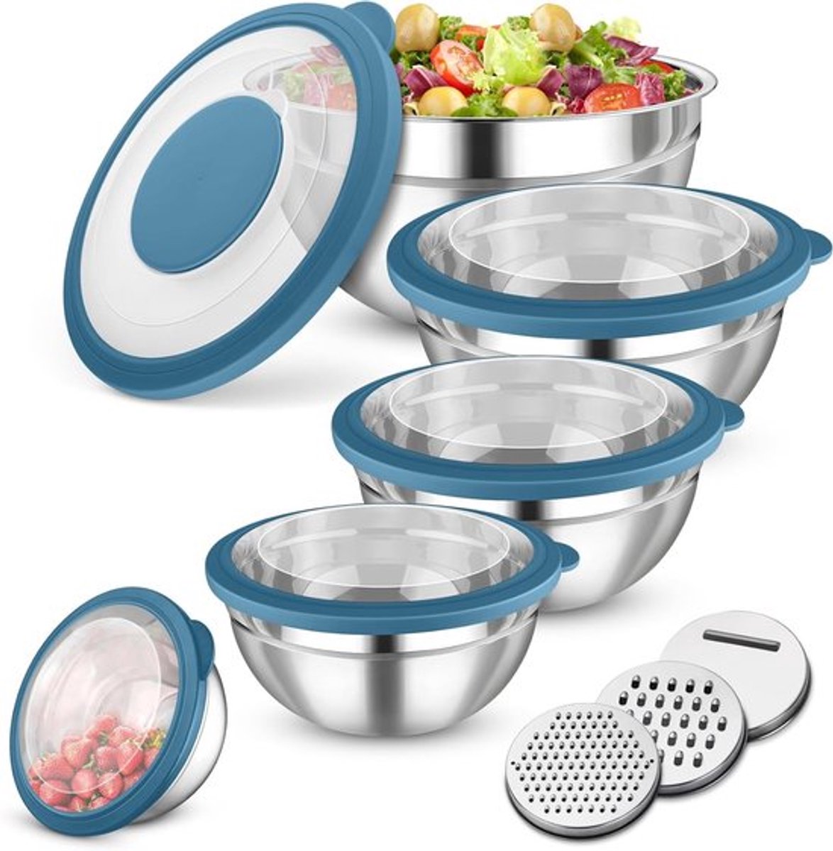 Mixkommen set met deksel en raspaccessoires - 5-delige blauwe keukenaccessoires voor bakken en koken