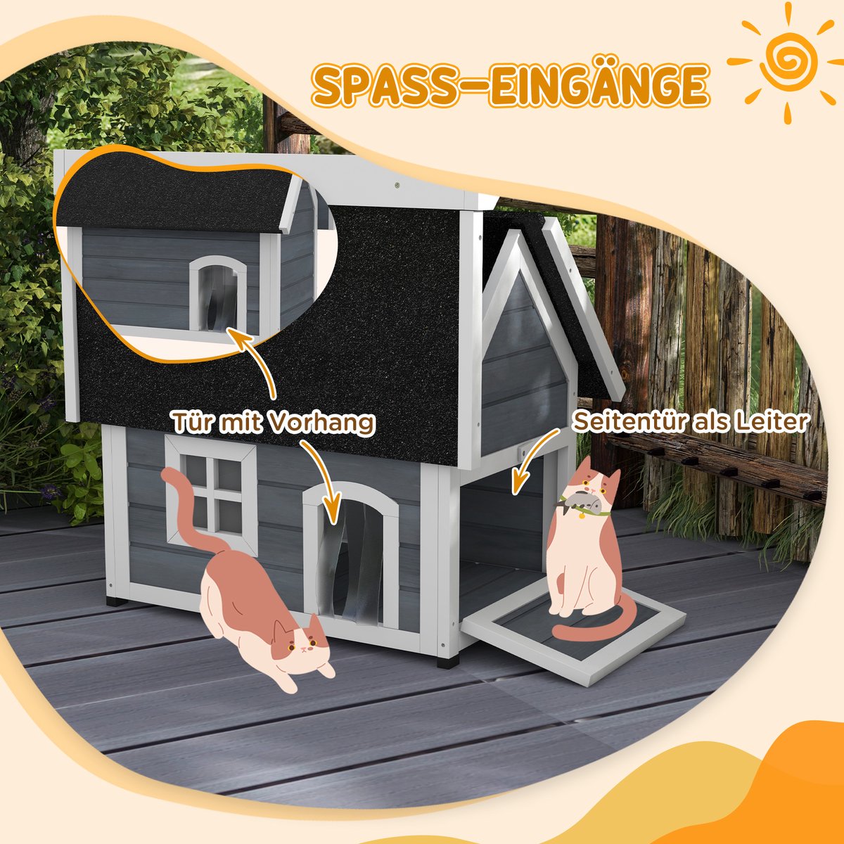 DESMIU Dierenhuis – Weerbestendig Kattenhuis Met 3 Deuren – 77 x 57,5 x 68 cm – Hout – Grijs – Voor Buiten Met Opklapbaar Dak