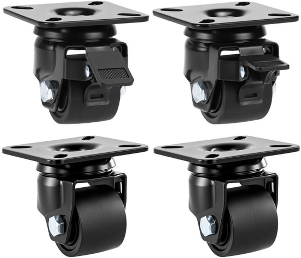 Set van 4 zware wielen 50mm met rem, 38mm breed, slijtvast PU, robuuste stalen beugels, ideaal voor meubels, industriële toepassingen en transportrollen