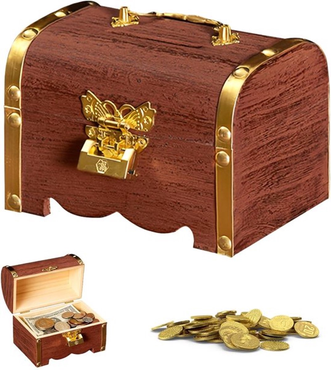 Schatkist Vintage Hout - Kleine Schatkist met Slot - Opbergdoos - Spaarpot - Decoratie - Afmetingen 14,5 x 10 x 10 cm
