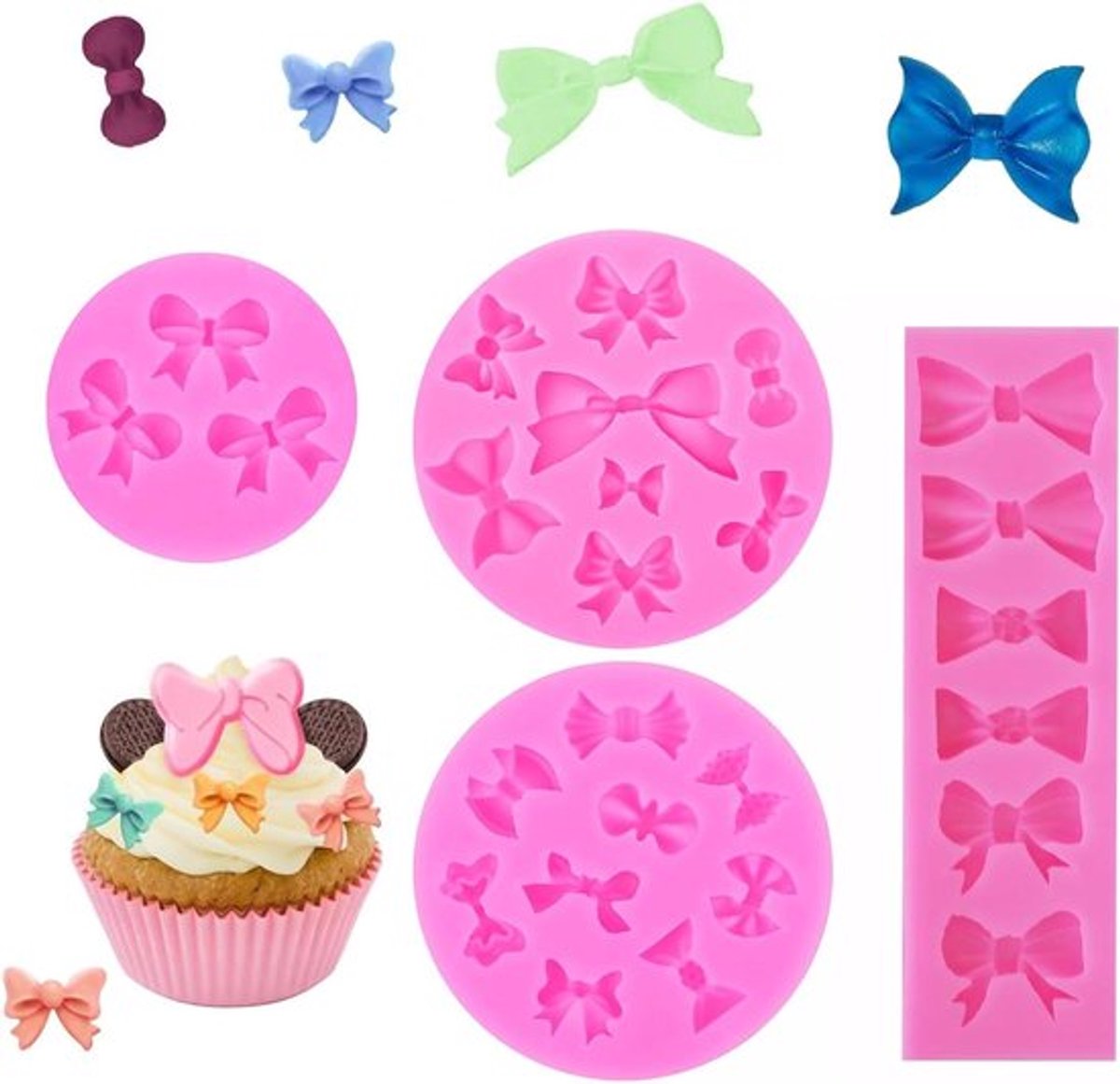 Fondant vormen siliconen strik roze cupcake-topper decoratie - Set van 4 - Chocoladevorm boogvorm koekjesdecoratie dec.