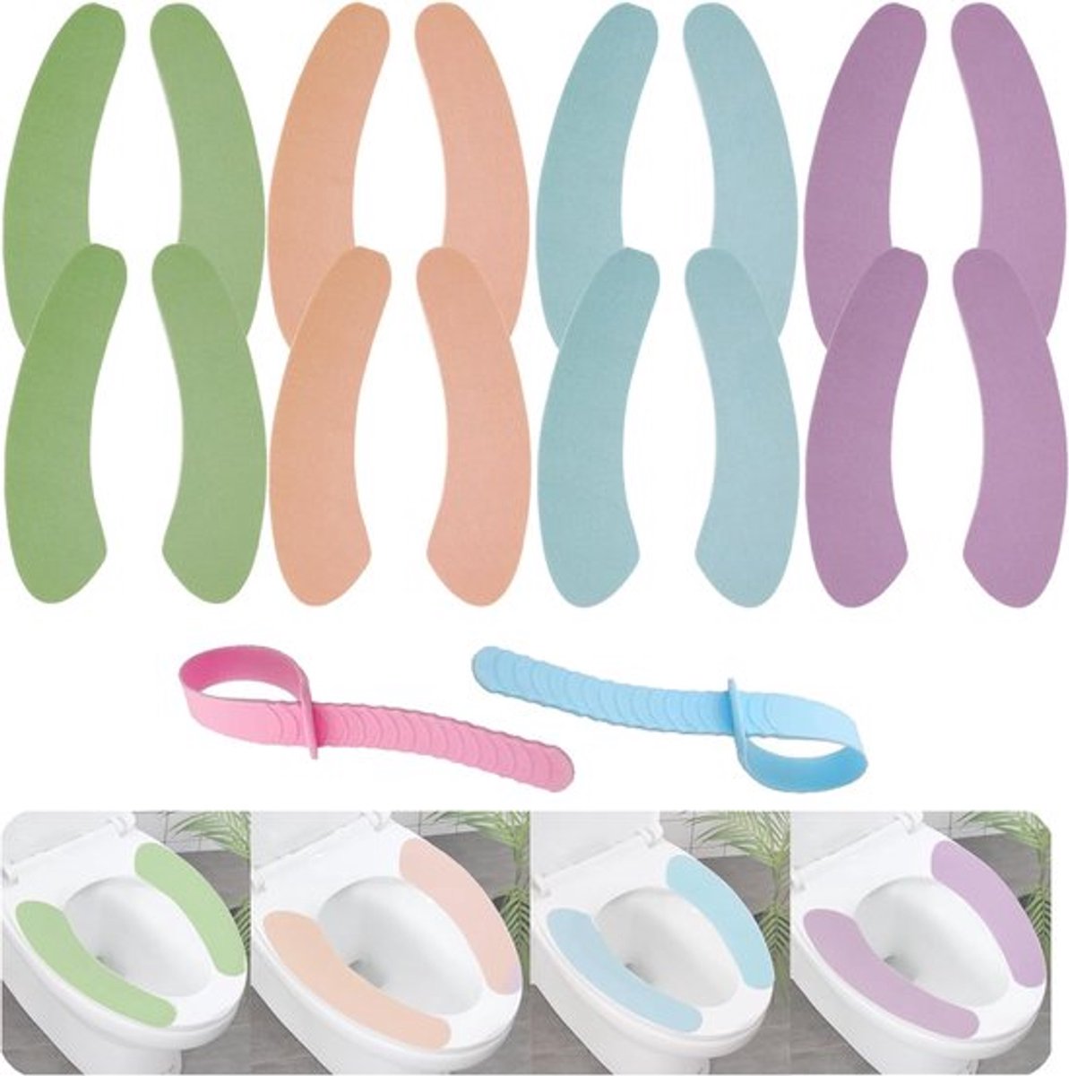 8 paar zachte badkamer toiletzittingen - 2 toiletzittinghefjes - verwarmers - hoesjes - draagbaar - wasbaar en herbruikbaar - geschikt voor gezinnen - hotels - hostels - 4 kleuren